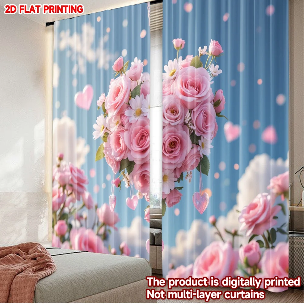 2D flat printing 2pcs Curtain Drapes Valentine's Heart Rose Bouquet Digital Printed Polyester Drapes Party Decorations for