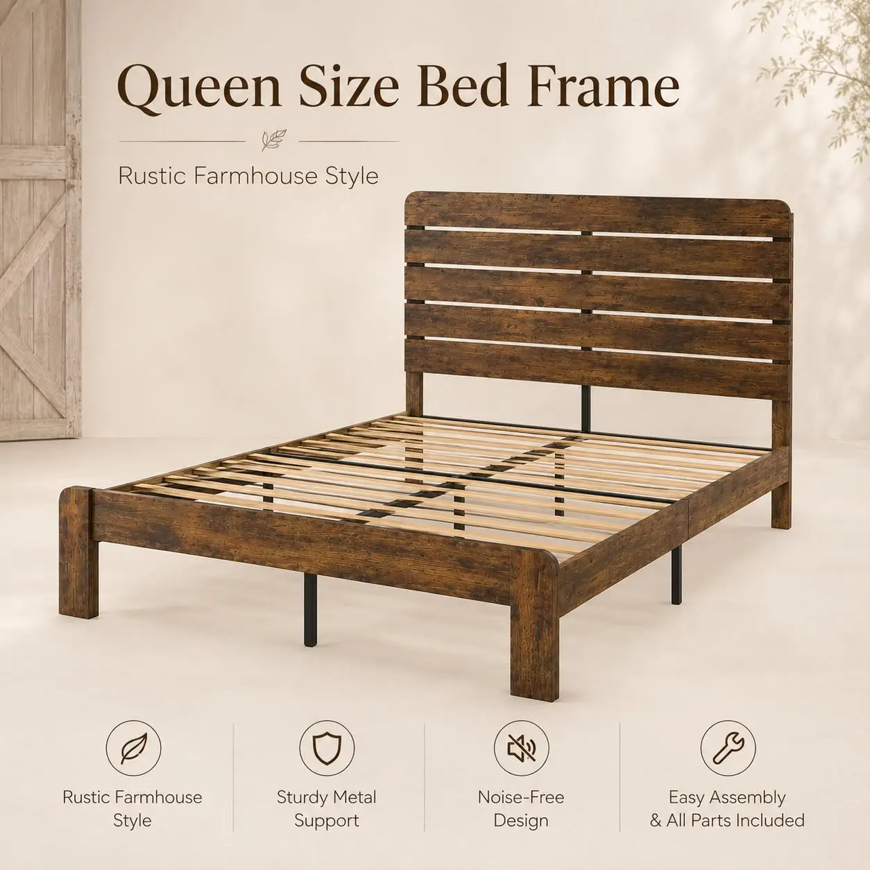 Queen Size Bed Frame with Headboard Farmhouse Metal Wood Platform | Heavy duty queen size bed frame with metal wood, Customized - view 3