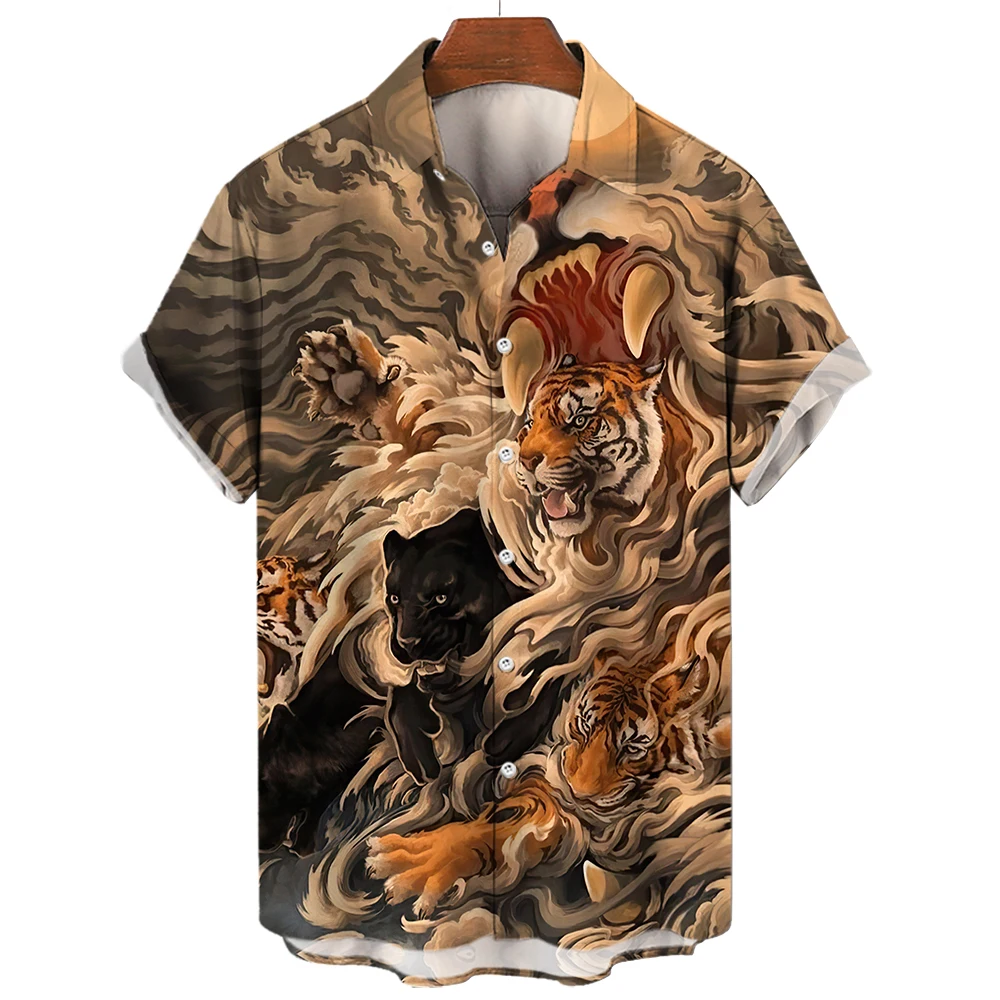 Social Shirt Everyday Men\'s Shirts 3D Animal Printed Short Sleeve Tops Tiger/Dragon Blouse Casual Tees Oversized Male Clothing