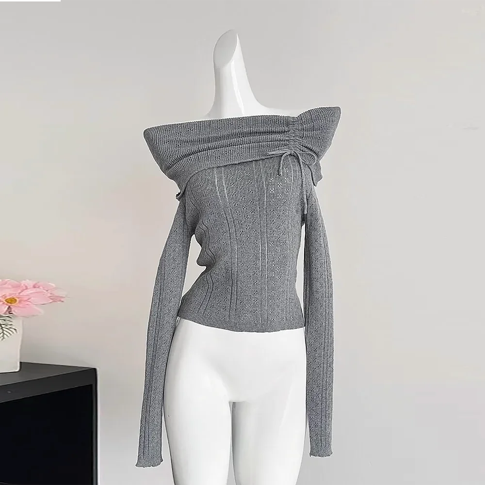 TWOTWINSTYLE Solid Spliced Drawstring Sweater Female Slash Neck Long Sleeve Loose Korean Sweet Women's Sweaters Autumn Fashion