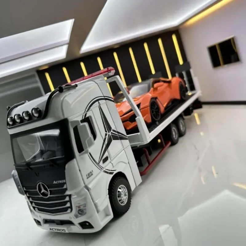 Diecast 1:24 Mercedes-Benz Flatbed Trailer Car Model Metal Transport Vehicle Sound Light Voiture Miniature Collective Kids Toys