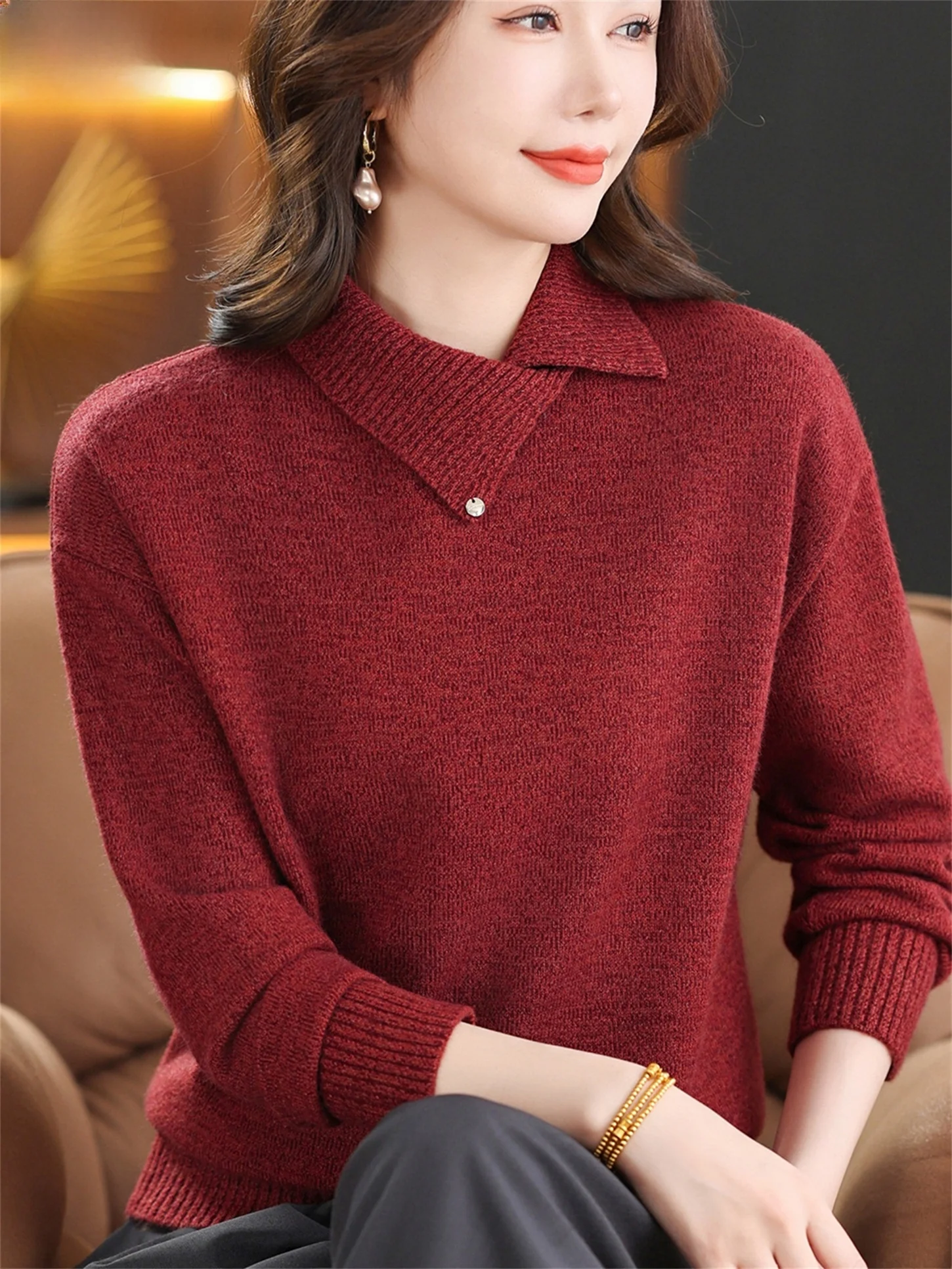 

Faionable Knitted Woolen Base irt Loose Fit Turn-down Collar Inner Wear for Middle-aged And ly Women Autumn Winter N...
