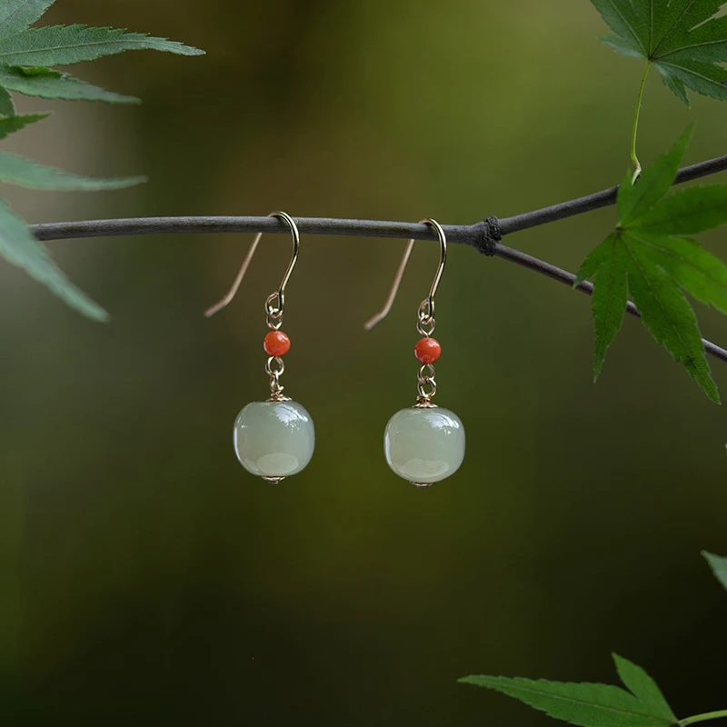 

Natural Hetian Jade Green Beads Genuine Sterling Silver Allergy-proof Ear Hooks Earrings Women Charm Jadeite Jewelry