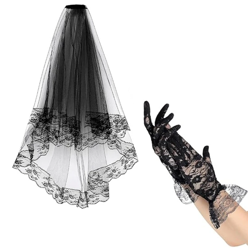 Mysterious Black Lace Veil and Gloves Combo for Halloween Cosplay and Parties