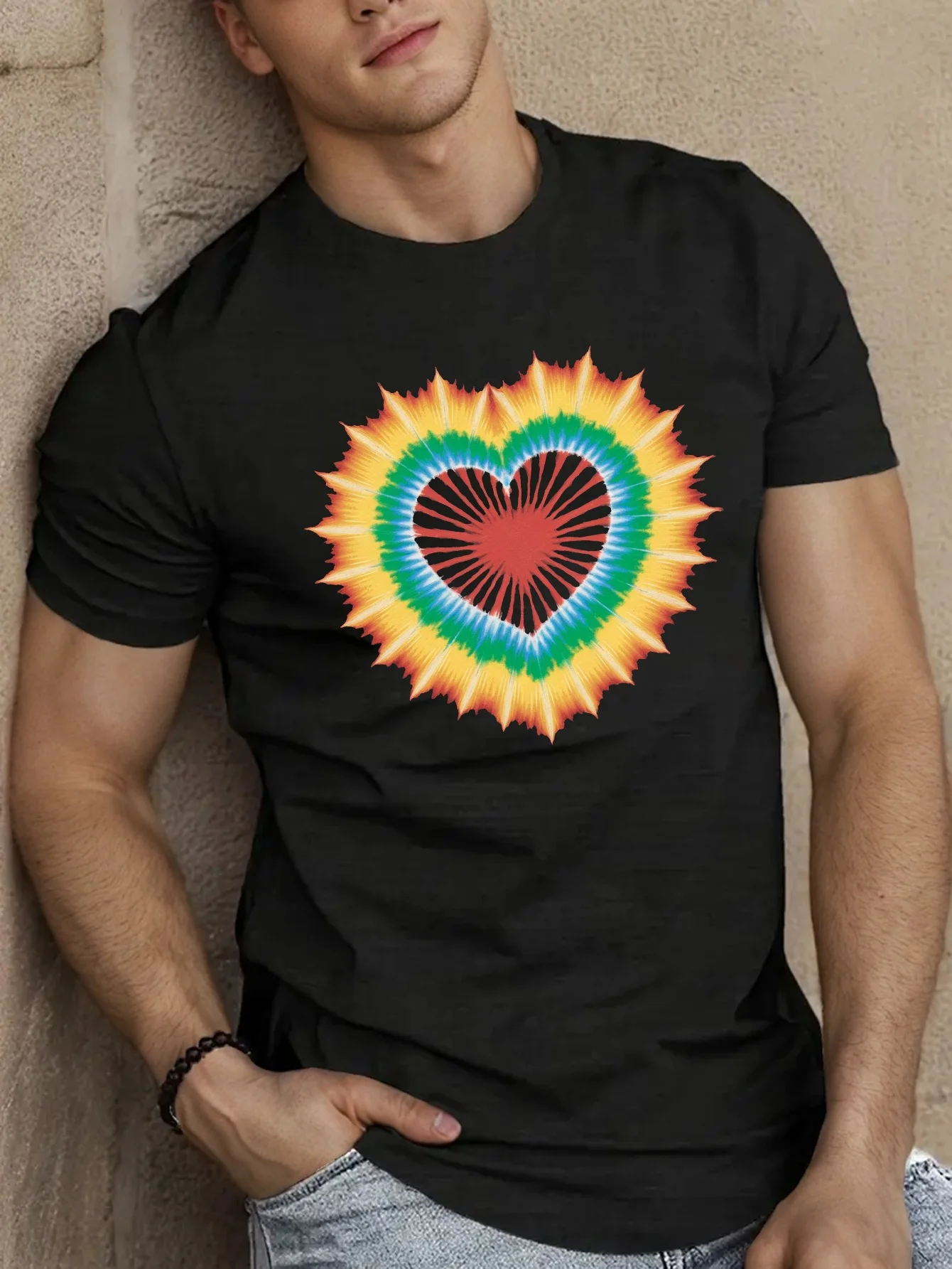 Men's casual crew neck T-shirt, red heart base design,
