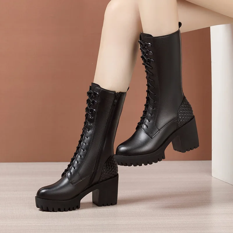 8cm 10cm Small Big Size 32-43 Block High Heels Boots Winter Shoes 2025 Women's Mid Calf Warm Genuine Leather Boots Office Dress