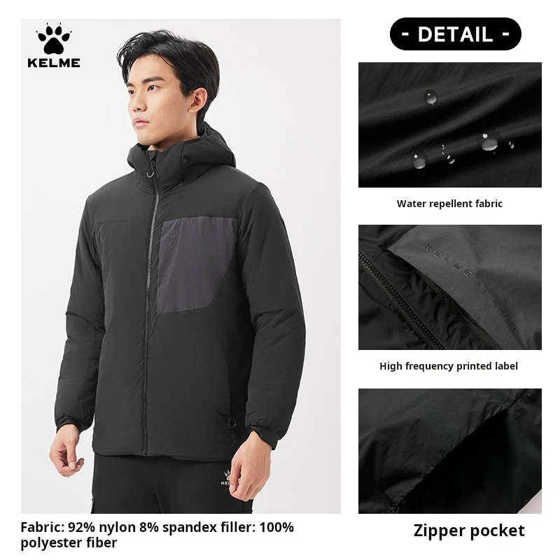 Kelme Jaket pendaki gunung pria, jaket katun bertudung ringan luar ruangan untuk musim dingin, dingin dan tahan angin, hangat, Hiking dan mendaki gunung