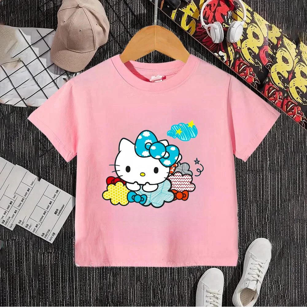 Hello Kittiest Summer Kawaiiest Styliest Anime Tees for Boys and Girls Students Trendiest, Super Casual Animest Cartoon Prints