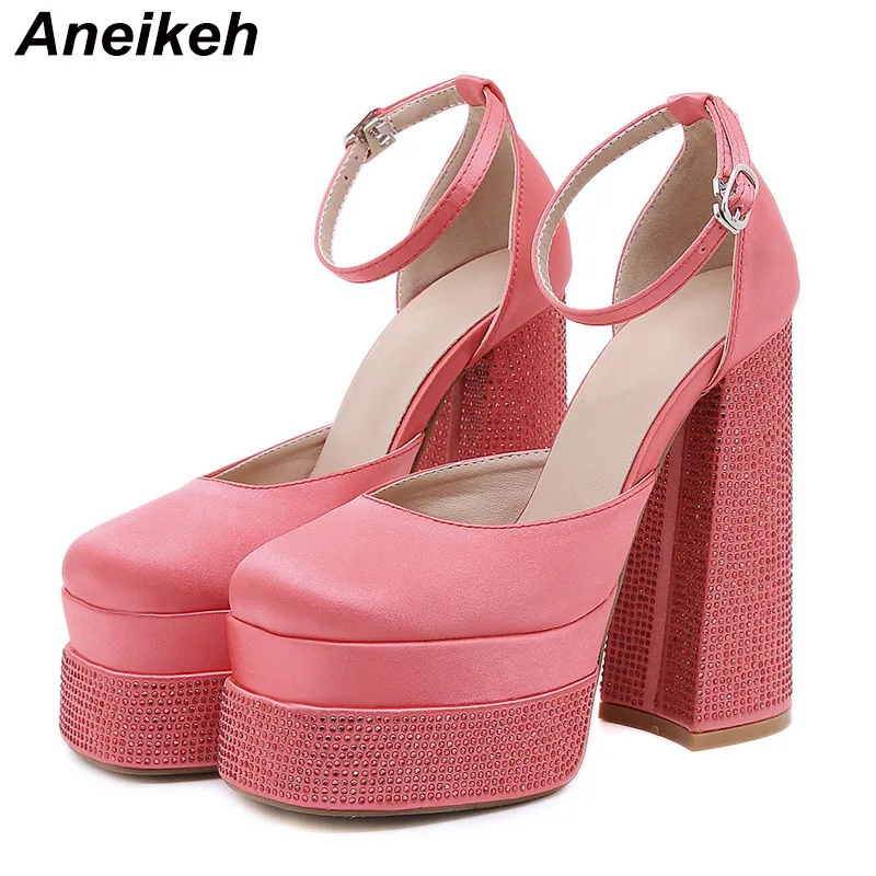 Aneikeh 2025 Primavera/Autunno Moda Punta Rotonda Piattaforma Tacco Spesso Scarpe da Donna in Seta Bling Tacchi Super Alti Festa di Nozze 35-42