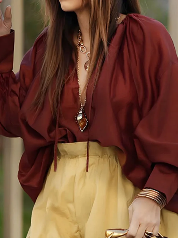 

Spring Summer Women's Loose Color V-ne Faion Casual Top Long Sve Princ Sve Regular Length Pure Color