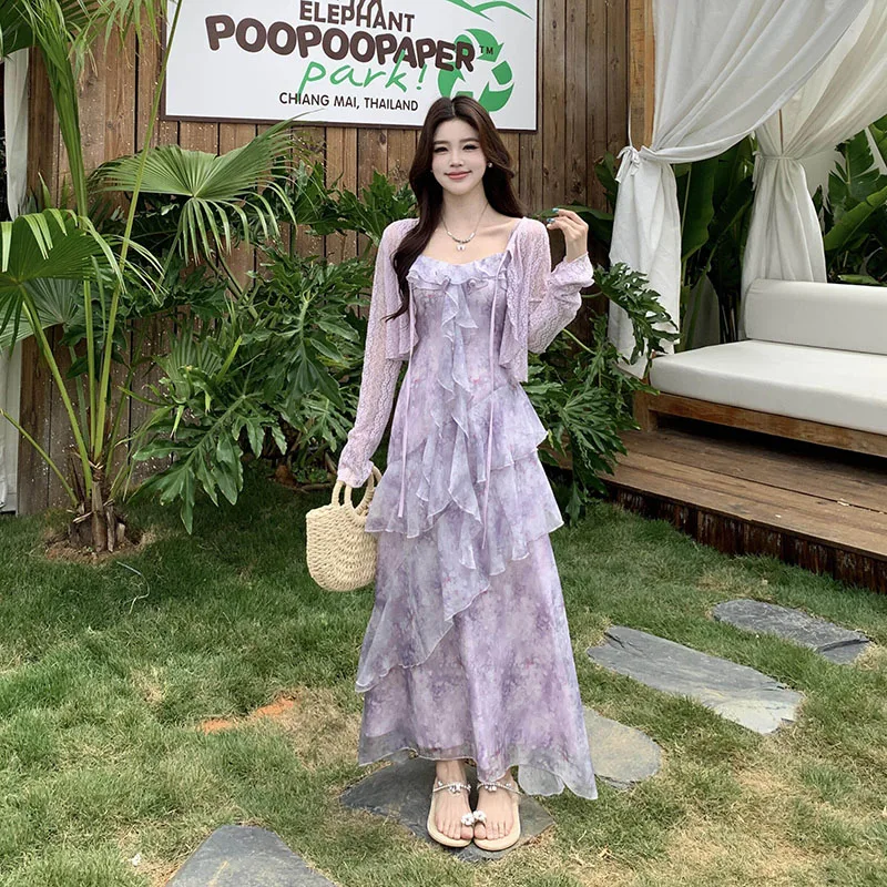 

2026Summer Boho Floral Maxi Dress Women Spaghetti Strap Ruffle Tiered V Neck Brohemia Dress Y2K Sexy Flowy Chiffon Beach Dresses