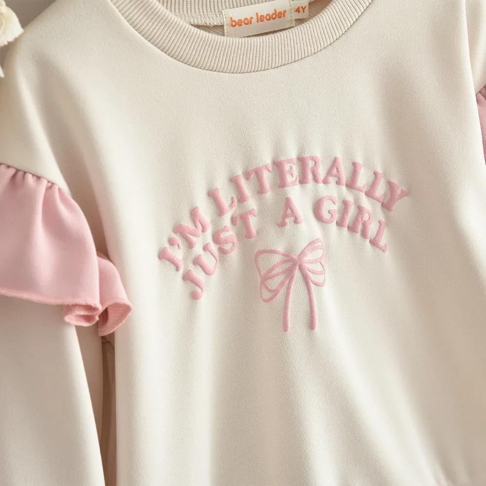 2025 الربيع والخريف طويلة الأكمام الفتيات مجموعة رسالة قميص مطبوع + بلون جرس أسفل السراويل الوردي ملابس الأطفال غير رسمية #4