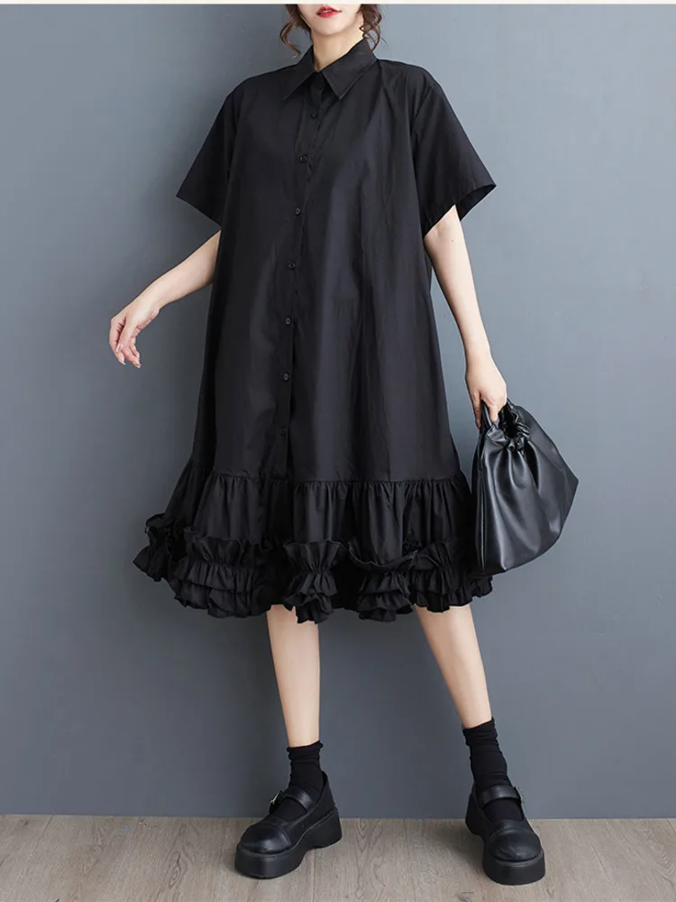 #3888 Summer Black Spliced Ruffles Shirt Dress Women Turn-down Collar A-line Vintage A-line Irregular Midi Dress Short Sleeve 