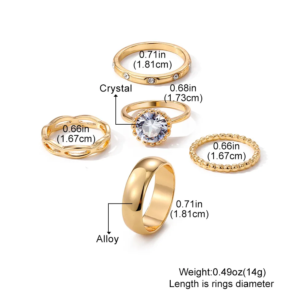 Miss JQ 5-Piece /Set Gold Ring Ins Wind Alloy Personalized Set with Large Diamond Ring Combination Ring for Women