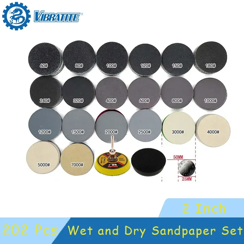 2 Inch Wet Dry Sandpaper 202 Pcs Assorted 60-7000 Grit Sanding Disc 50mm with Hook &Loop Sanding Pad for Polishing Wood