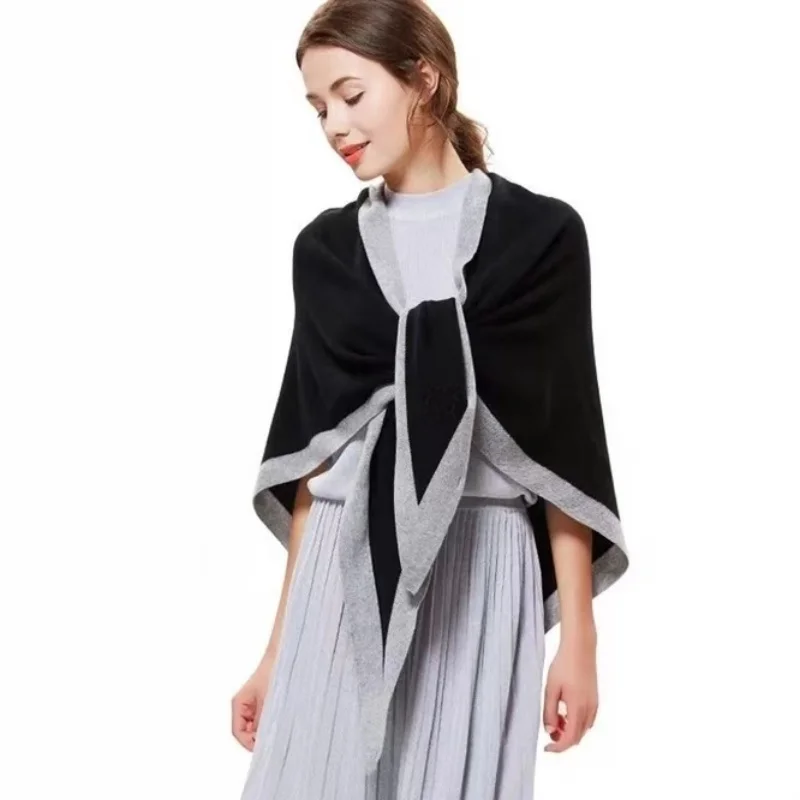 Women Wool Blend Cashmere Knitted Solid Color Triangular Shawl with Contrast Border Stole Wrap Scarf