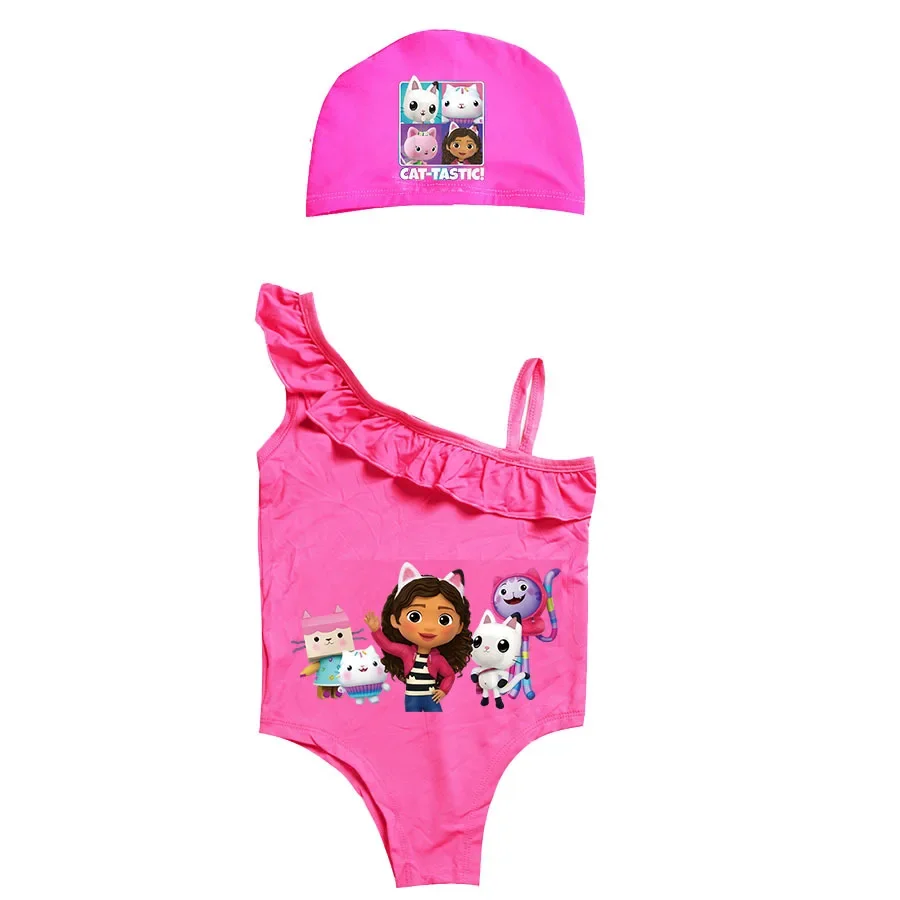 Gabby Dollhouse Clothes Kids One Piece Swiming Outifts Baby Girls Gabbys Chat Swimsuits Children Bathing Suits Bodysuit and Cap