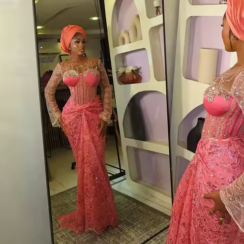 Aso Ebi Pink Lace Wedding Reception Dress Luxury Beaded Lace Nigerian African Birthday Dress Plus Size Asoebi Evening Party Gown