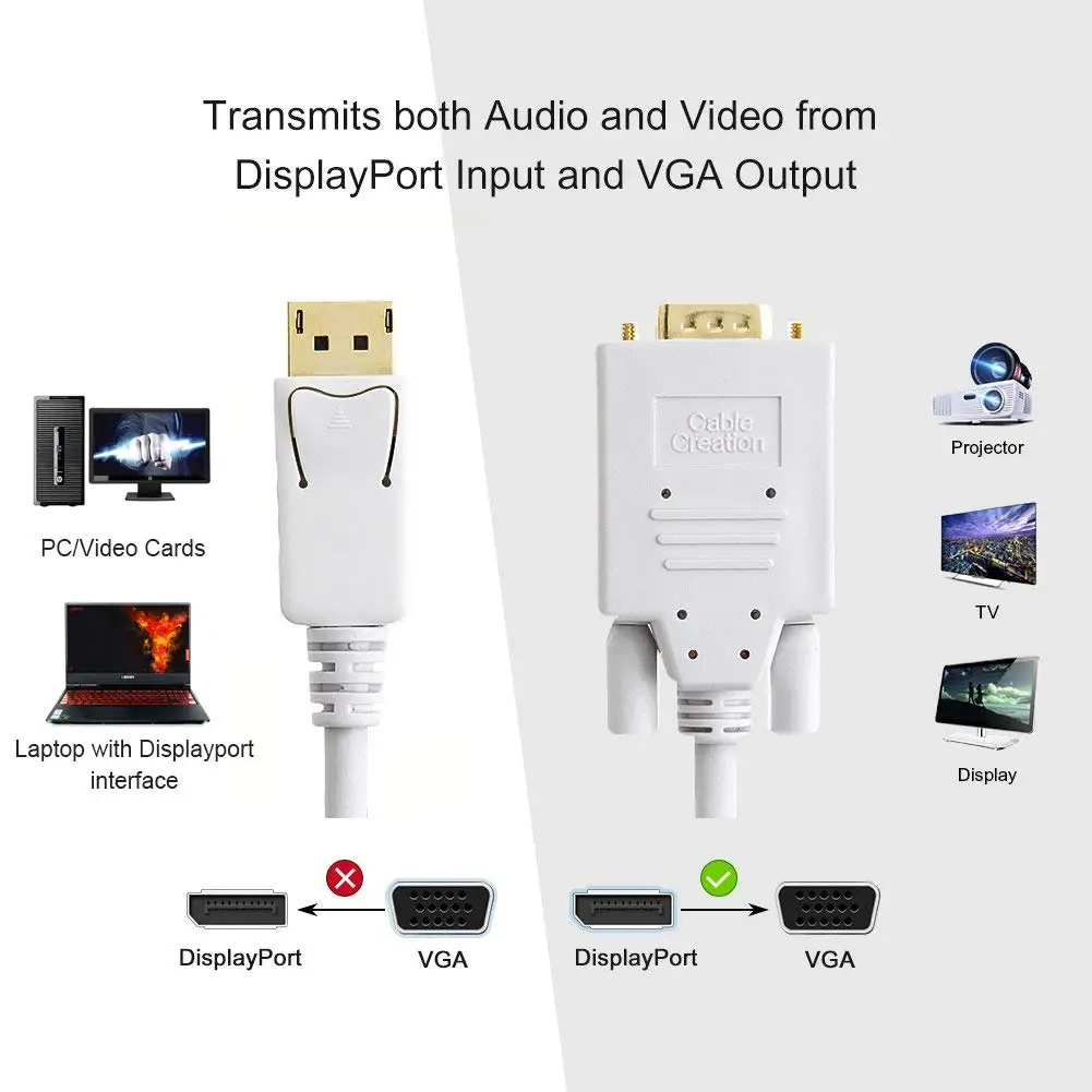 DP to VGA Cable,  6Ft Displayport to VGA Cable Gold Plated, Standard DP Male to VGA Male Cable Black Color 1.8M