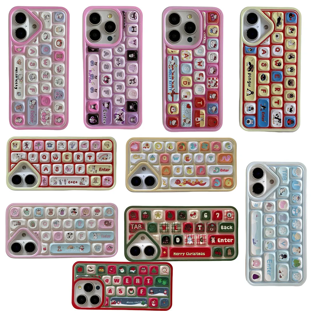 Cute Creative Cartoon Keyboard Kuromi Hello Kitty Case For iPhone 13 12 14 15 16Pro Max Christmas Gift Santa Claus clavier Cover