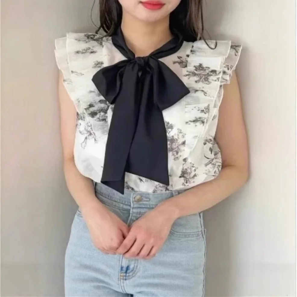 

2025 Summer Sweet Preppy Style Blouse Women Japanese Office Lady Elegant Flying Sleeve Shirts Bow Fungus Pleated Blusas Mujer