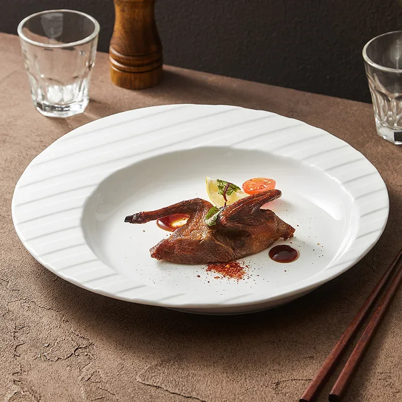 

Ceramic line pattern pasta plate, premium light luxury plate, vegetable plate 2024 new hotel restaurant round medium plate