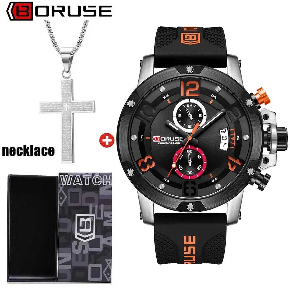 

2pcs/set BORUSE Luxury Chronograph Watches for Men Silicone Date Necklace Quartz Wristwatch Men Sport Reloj Ideal Gift for Men