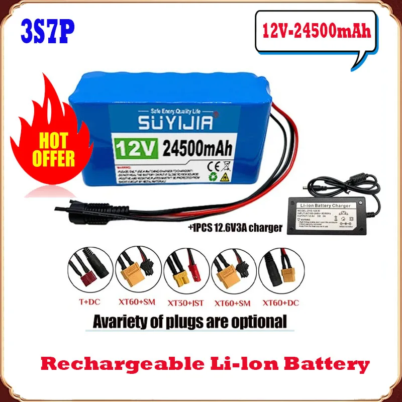 18650 3S7P 12V 24500mAh Lithium Battery Pack with Built-in Smart BMS Suitable for Electric Bicycles and Scooters 12.6V3A Charger