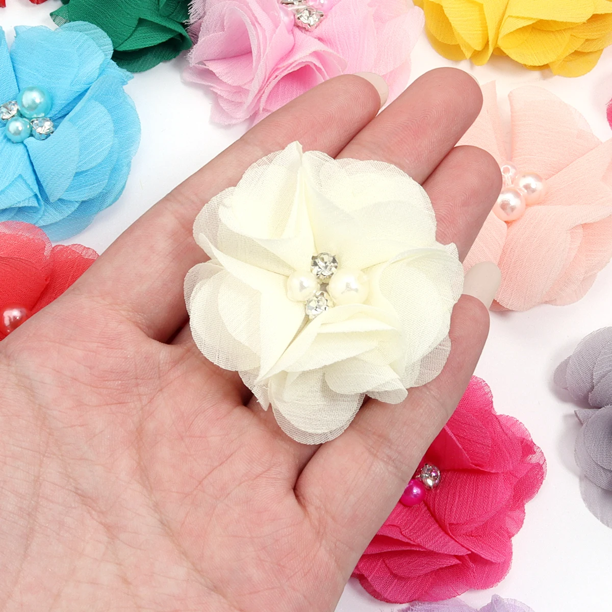 4Pcs/Lot 6cm Chiffon Fabric Flowers Artificial Flower With Rhinestone Imitation Pearl For DIY Sewing Crafts Clothing Accesso image 5