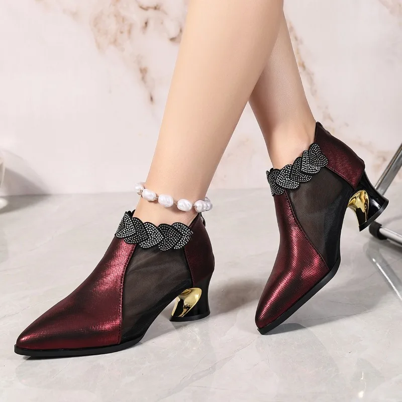 Wine Red Paneled Pointed Toe Booties Niche Show Tall Women's Sandals view 5