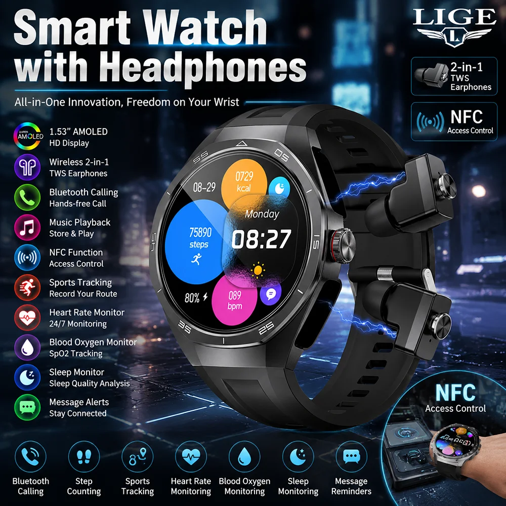 Tws Earbuds Bluetooth 5.3 - LIGE 스마트워치 헤드폰 내장 1.53인치 AMOLED