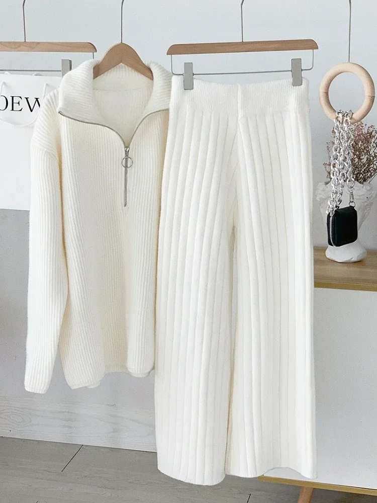 

Autumn and Winter Zipper Sweaters Set Thickening Warm Knitted High Waist Women Pants Suit White Elegant Two Piece Set for Women