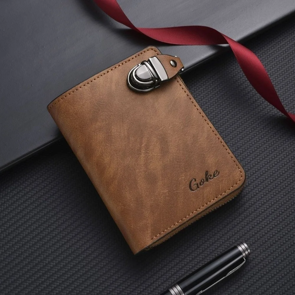 

Винтажный мужской кошелек на молнии с пряжкой, однотонный держатель для визитных карточек, несколько слотов для карт, короткий кожаный кошелек для монет, подарок