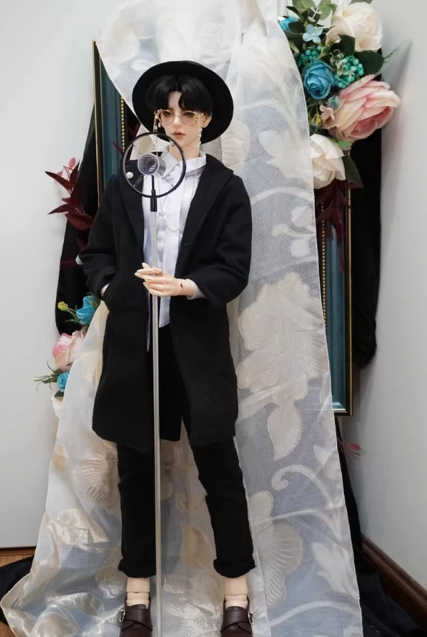 D09-P690 Kinder handgemachtes Spielzeug Onkel ID75 uf75 BJD Puppenkleidung Schwarzer Wollmantel 1St