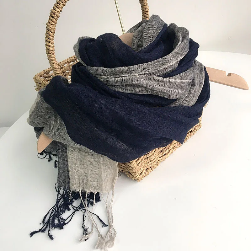 Large Size Summer Pure Linen Scarf Striped Beach Sunscreen Linen Scarf Autumn And Winter Warm Big Tassel Navy Blue Scarves