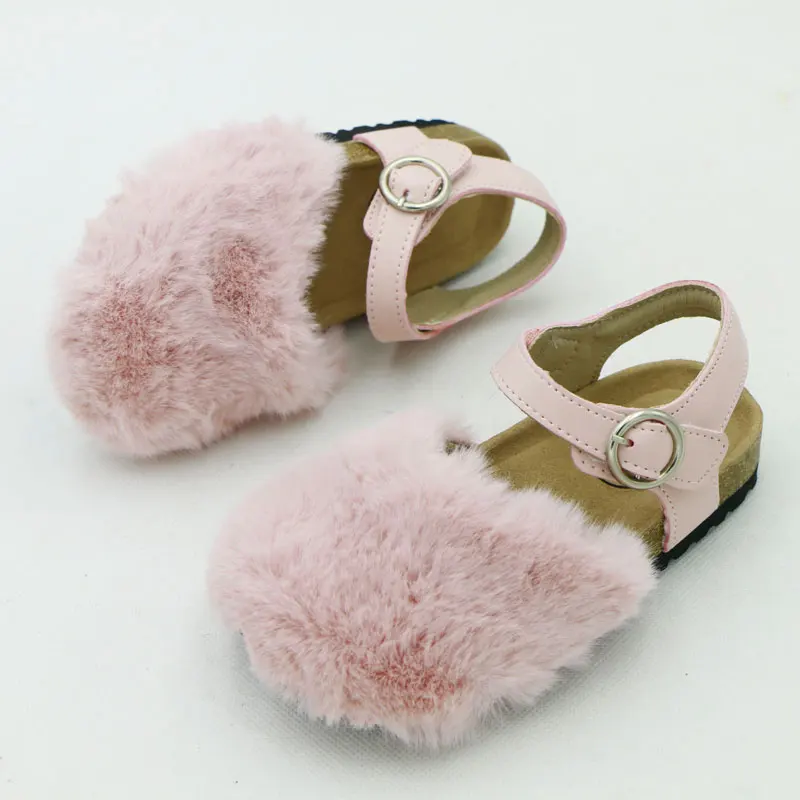 Girls Leather Shoes Spring and Fall Flat Rabbit Fur Cork Sandals Casual