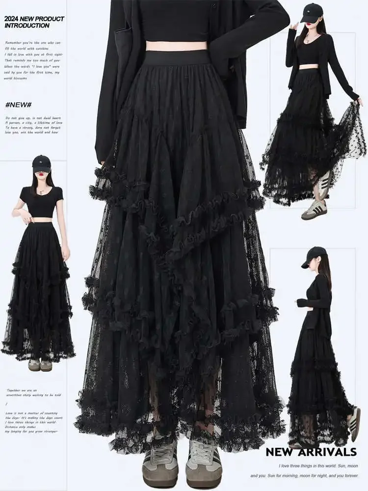 Y2k Korean High Waisted Irregular Lace Long Skirt for Women's Sweet Autumn and Winter Trumpet Skirt Layered Mesh Pleated Skirt