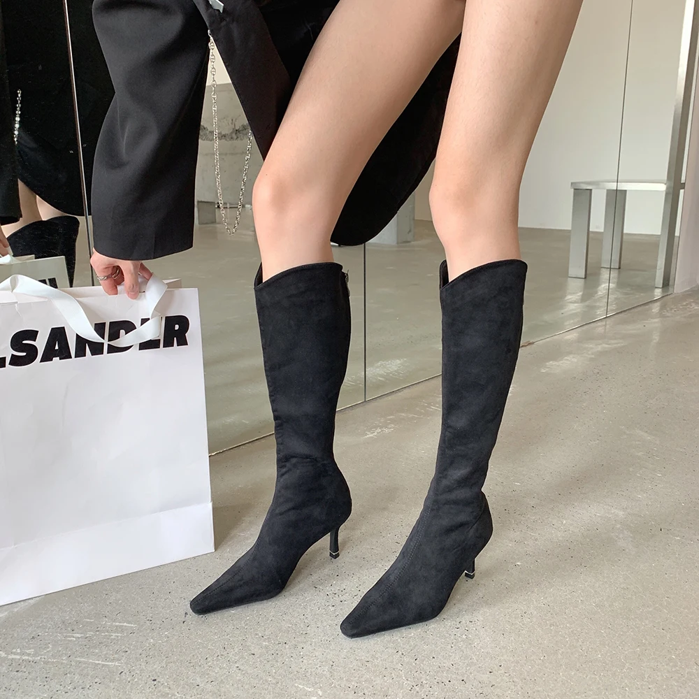 Pointed Toe Women Knee High Boots 2023 Chelsea Booties Thin High Heels Back Zipper Flock Black Beige Dress Shoes Winter Pumps