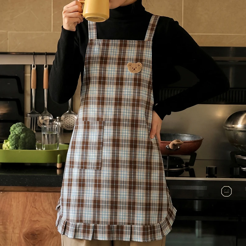 Women Vintage Plaid Kitchen Apron Cute Bear Patch Sleeveless H-Strap Back Tie Large Pocket Anti-oil Cooking Bib - view 3