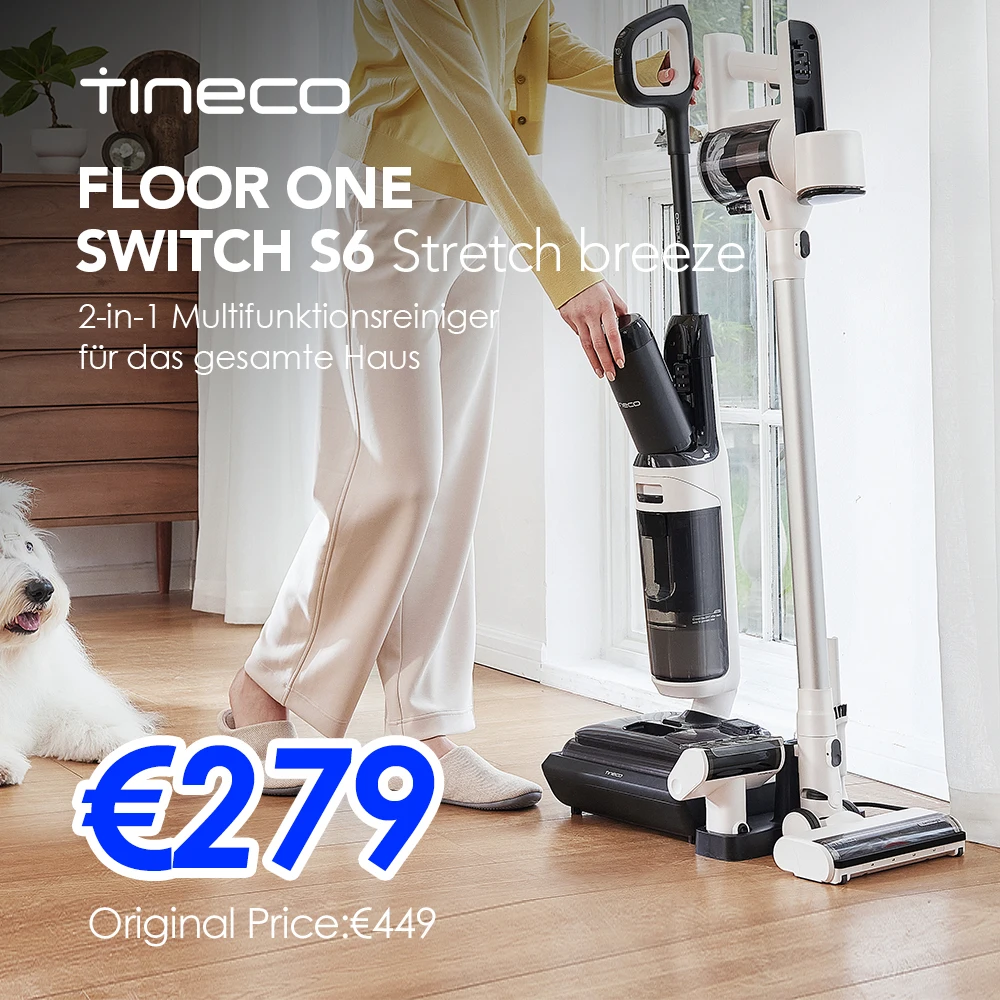 Tineco FLOOR ONE Switch S6 Stretch Breeze (Stretch S6 Combo) 2-in-1 Nass Trockensauger Staubsauger, 180° Lay-Flat FlashDry Selbstreinigung Anti-Wickel-Design 60 Min Laufzeit für Sofas Ritzen Tierhaare