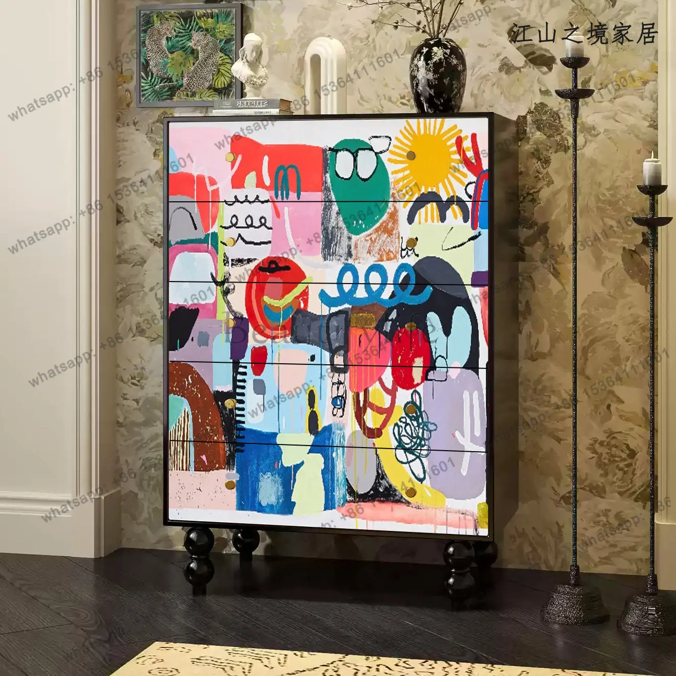 

French solid wood five-bucket bedroom living room painted locker entrance sofa side cabinet
