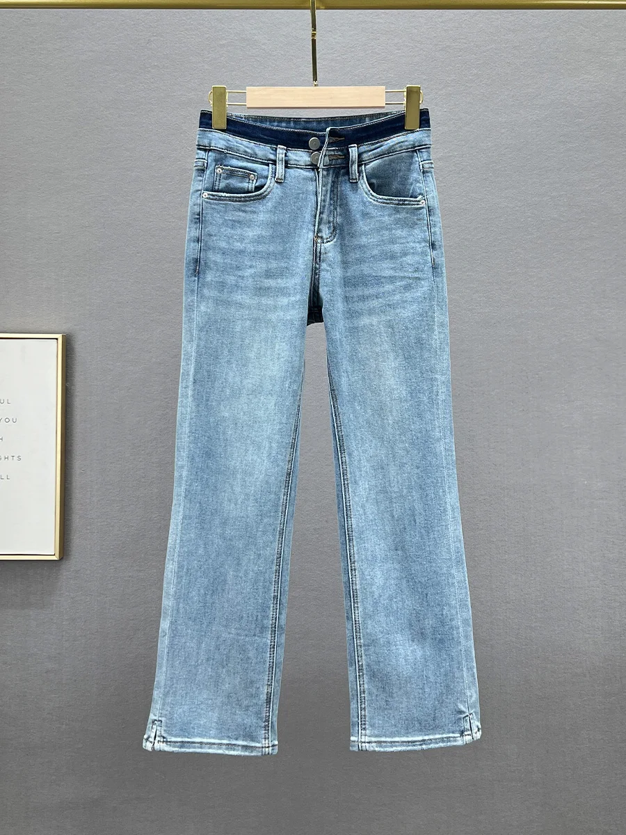 

High Waist Slimming Straight Leg Jeans Women's Cotton Stretch Nine-Piece Spring Summer Faion Split Ankle-Length Denim Pants