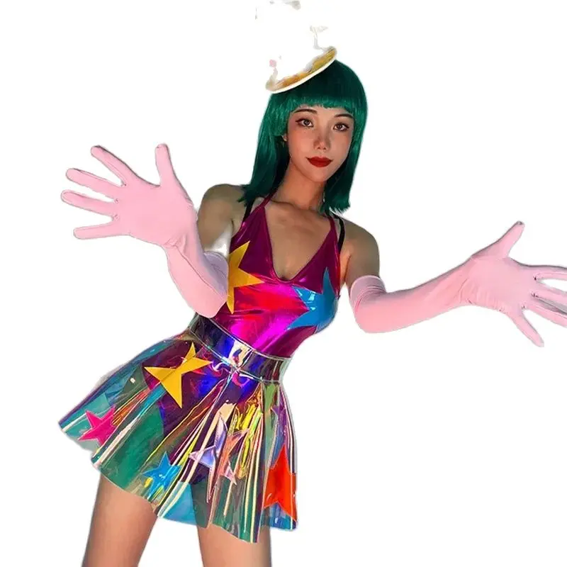 Discoteca Gogo Dancer Traje, Bodysuit Laser, Saia, Star Club Show, DJ Outfit, Pole Dance Roupas, Roupa Rave, Roupa Festival