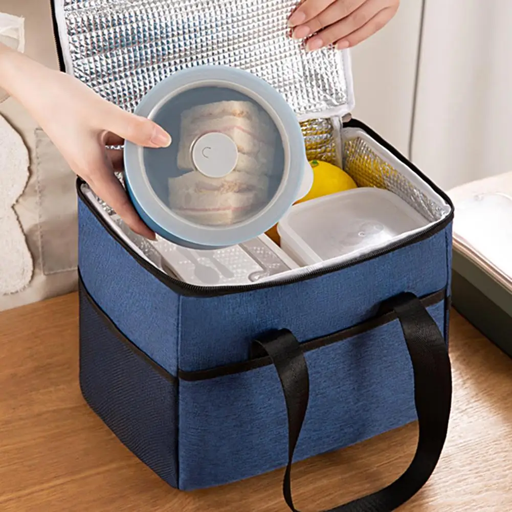 Practical Cooler Thermal Bag Solid Color Lunch Box Bag Waterproof Front Insert Pocket Insulation Bag  Cold-storaging