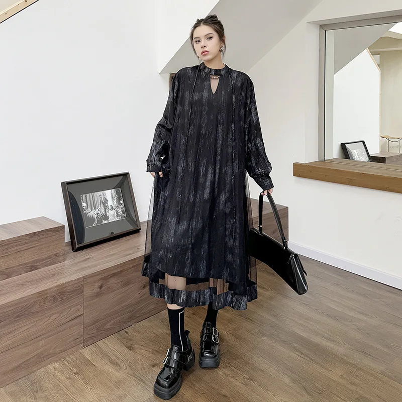 

Women Spliced Mesh Dresses Mock Two Piece Dress A Line Mid Calf Lenth Long Sleeve Round Neck Loose Fit Casual Office Lady Autumn