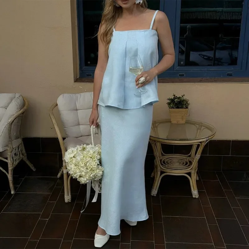 Tuularose جديد 2 قطعة فستان مجموعة موضة بلا أكمام الرسن الأعلى تنورة غير رسمية مجموعات الصلبة الشارع الشهير عطلة شيك فستان نسائي مجموعة #1