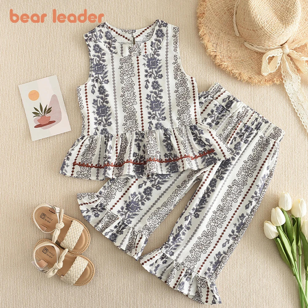 Bear Leader Girls Suit Summer 2023 New Korean Version of The Short-sleeved Bubble Sleeve Shirt + Wide-legged Pants Girls Suit