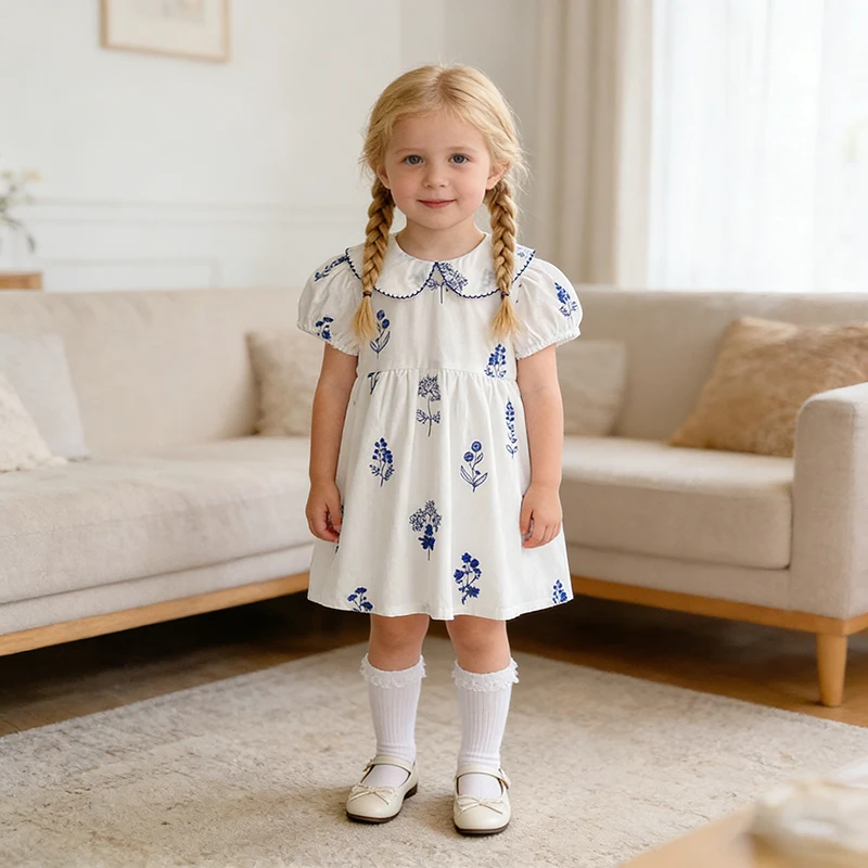 Sommer Neuer Stil 2-6 Jahre Mädchenkleid Kurzarm Babykleidung Kinderkleid Koreanisches Besticktes Mädchen Retro Schwesterkleid – Detail 13