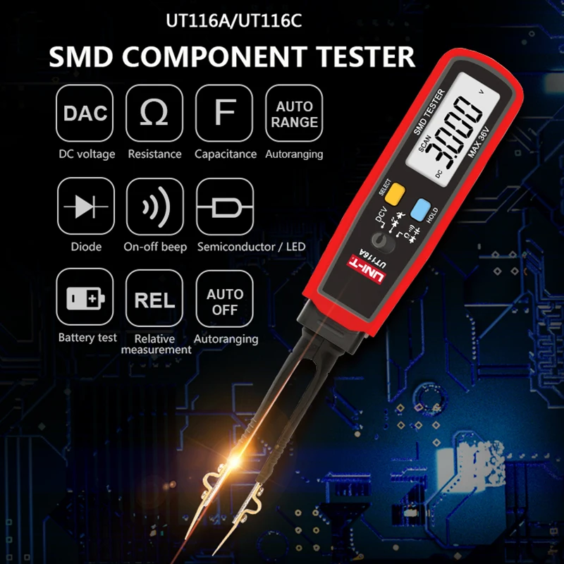 UNI-T UT116C UT116A SMD Tester Meter Rotable Tweezer Resistance Capacitance LED Diode Continuity Battery Tester