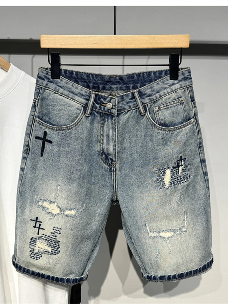 

Оригинальные американские модные брендовые джинсовые шорты с вышивкой, мужские летние свободные брюки премиум-класса, повседневные брюки, прямые джинсы